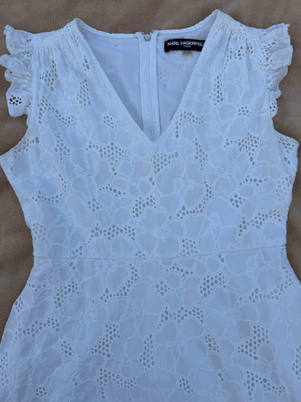 Karl Lagerfeld White Eyelet V-Neck Midi Dress with Ruffle Shoulders Size 8 - Picture 5 of 14